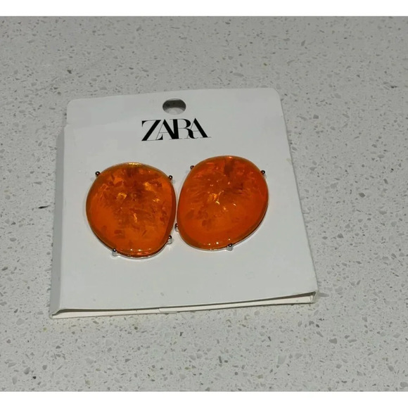Zara Womens Bloggers Favorite Luxury Oval Stone Metal Earrings Orange Sz 2.5"x2" - Picture 3 of 7